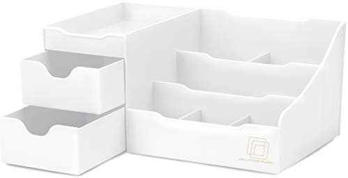 UNCLUTTERED DESIGNS Großer Weißer Schminktisch-Organizer - Kosmetik Aufbewahrung, Schönheit, Haare, Nägel, Parfüm & Hautpflege - Perfekt Bad & Schlafzimmer Schreibtisch Organizer Schubladen