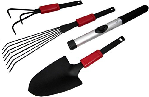 MK Handel - Gartengeräte-Set - 4-tlg. Gartenset bestehend aus Grubbler, Schaufel, Rechen und praktischem Handgriff, schwarz/rot