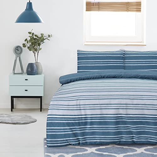 Sleepdown Duvet Cover Set - Teal - Textured Stripe - Reversible Quilt Cover Easy Care Bed Linen Soft Cosy Bedding Sets with Pillowcases - Double (200 cm x 200 cm)