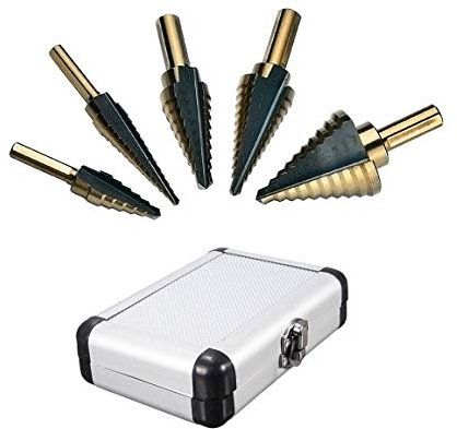 Mengshen Forets étagés Ensemble Britannique de 5 pièces 1/4-1-3/83/16-7/8 1/4-3/41/8-1/2 3/16-1/2, HSS Foret Multifonction à pagodes à Tige Triangulaire revêtue titanique