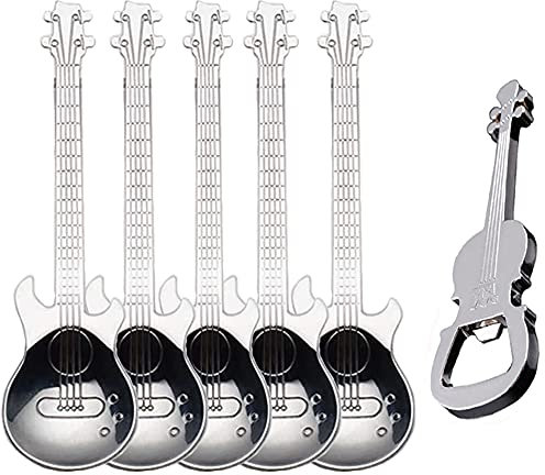 ESRISE Gitarren Löffel Gitarre Kaffeelöffel Musiker Geschenke, Lustig Musik Deko Geschenk Teelöffel, Edelstahl Geschenk (Silber-6 mit Öffner)