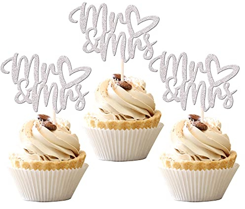 36 PCS Mr & Mrs Cupcake Toppers with Love Heart Bridal Shower Cupcake Picks Wedding Engagement Birthday Party Cake Decorations Supplies Silver