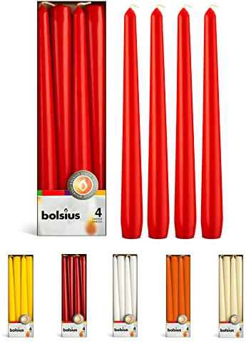BOLSIUS Red Taper Candles - 4 Pack Unscented 10 Inch Dinner Candle Set - 8 Hours Burn Time - Premium European Quality - Smokeless and Dripless Household, Wedding, Party, and Home Decor Candlesticks