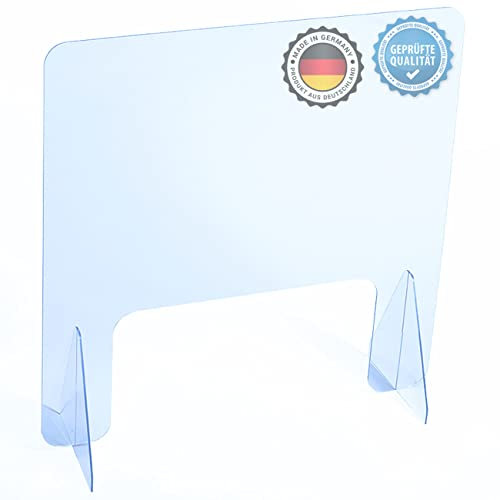 AtHaus® Spuckschutz Schutzscheibe aus Acrylglas Premium Quality, 70 x 60 (BxH) cm mit Durchreiche 40x20 (BxH) cm Trennwand Virenschutz Sichtschutz Spuck und Niesschutz Thekenaufsatz