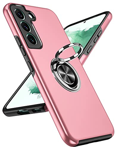 LeYi for Samsung Galaxy S22 Phone Case, Shockproof Protective Cover | Invisible Metal Ring Stand Holder Tough Shockproof Protective Phone Cover for S 22 - Pink