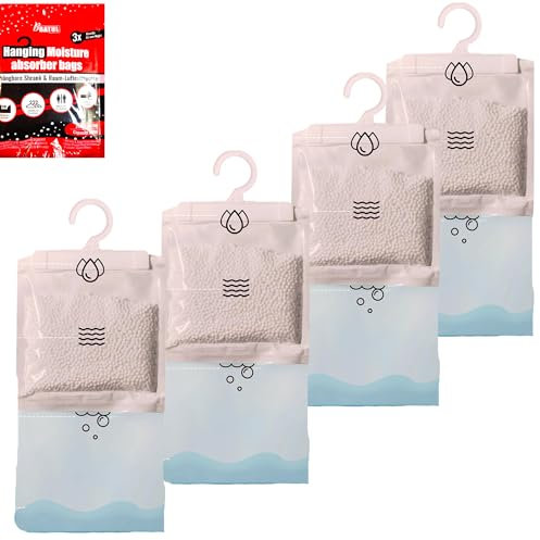 4x Luftentfeuchter beutel zum Hängen, Raumentfeuchter Set Feuchtigkeit Entferner, für Schrank, Aufbewahrung, Badezimmer, Wäscherei, Keller, Küche, Wohnwagen, Auto,Bus, Boot, Schiff, Garage, Dachboden