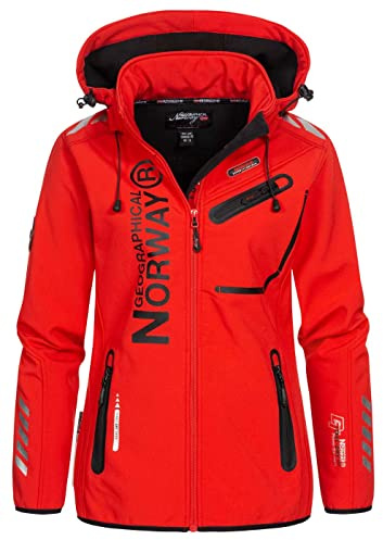 Geographical Norway Reine Lady - Chaqueta Softshell Mujer Impermeable Capucha - Abrigo Polar Cortavientos - Cazadore Aire Libre Deporte Esquí Invierno Primavera (Rojo Negro XL)