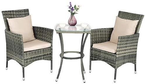 KOMFOTTEU 3 TLG. Rattanmöbel Set, Gartenmöbel mit 2 Stühlen & 1 Tisch aus Rattan, Sitzgarnitur mit Kissen und Glastischplatte für Terrasse Garten Balkon, Hellbraun