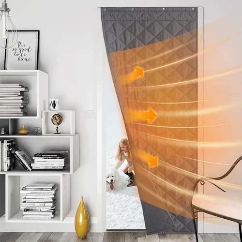 NICETOWN Thermal Insulated Door Curtain, Energy Saving Thick Waterproof Curtains for Snow Rain Weather, 32x82 Blackout Draft Stopper with 3 Hanging Ways, Doorway Bedroom Window, Grey, 1 Panel