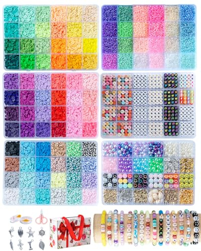SJZWSD Freundschaftsarmband-Bastelset, 6 Boxen – 16.000 Stück Tonperlen, Rocailles- und Glasperlen-Kollektion, Buchstabenperlen, Charms