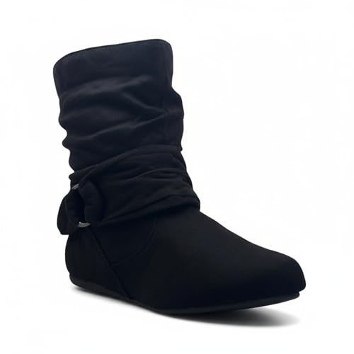 ABSOLEX Women Suede Fashion Slouch Mid Calf Low Heel Casual Slip On Ankle Bootie, Black, 7