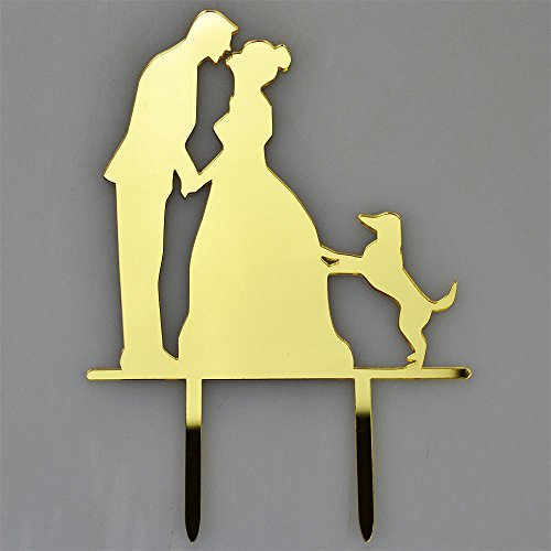 Mr & Mrs Pet Dog Gold Acrylic Wedding Day Cake Topper Silhouette Vintage Bride