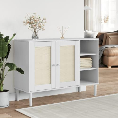 HETFTJN Sideboard, Bücherregal Tv Schrank Besenschrank Eckschrank Geeignet für Dorm Flur Schlafzimmer Badezimmer SENJA Rattan-Optik Weiß 112x40x80 cm Kiefernholz