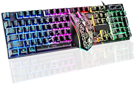 Guiheng Wired Crack Rainbow Gaming Keyboard and Mouse Combo, 104 Keys Light Up Mechanical Feeling Computer Keyboard, Wired Gaming Keyboard and Mouse for PC MAC Xbox Gamer(Black)