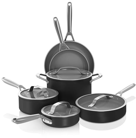 Ninja NeverStick Ceramic Pro CW39010BK 10-Piece Cookware Set with Glass Lids, Ceramic Coating and Stainless Steel, Oven Compatible, Fits All