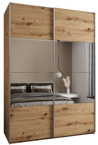 MEBLE KRYSPOL LUX 4 Schrank mit 2 Schiebetüren mit elegantem Spiegel in der Mitte der Front - Geräuschloses Schließen - System HETTICH Topline L - 245,5x180x64cm - Artisan, Artisan, Silber