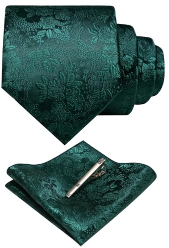 JEMYGINS Herren Blumen Krawatten und Einstecktuch Sets mit Krawattenklammer in verschiedenen Farben erhältlich,Dunkelgrün/Waldgrün