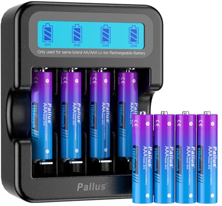Pallus Rechargeable AAA Lithium Batteries with Charger, 1100mWh High Capacity, Low Self-Discharge Triple A Batteries 8 Pack