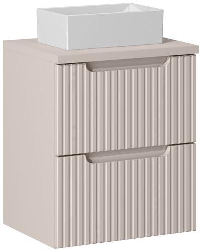Lomadox Badezimmer Badschrank Waschtisch 50cm, in Kaschmir, gerillte Front, Keramik-Aufsatzbecken
