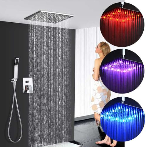 LED Duschkopf Handbrause Regenbrause Edelstahl Messing mit Temperaturanzeige für Dusche quadratisch 300x300mm und Handbrause 200mm für Bad Dusche