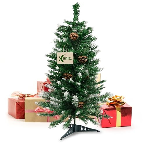 Xonic® Claus Kleiner künstlicher Weihnachtsbaum Schnee 90cm mit echten Tannenzapfen - Tannenbaum künstlich beschneit - Tischbaum Dekobaum Christmas Tree