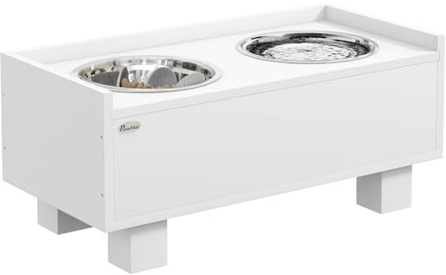 PawHut gamelle pour chien surélevée, réglable en hauteur gamelle pour chien avec espace de rangement, 2 bols en acier inoxydable de 1L, gamelle avec tapis anti-glissement, pour chiens de taille