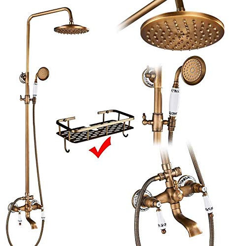 Système de douche en laiton antique avec colonne de douche en porcelaine et céramique et deux boutons mitigeur robinet pivotant bec de baignoire