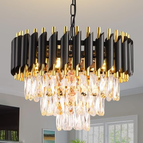 MSSIAN Kronleuchter Schwarz Gold 40 cm | Kleiner Kristall Kronleuchter 3-stufig | Hängelampe Küche Deckenleuchte für Kücheninsel Flur Esszimmer | 5-flammig E14 Dimmbar