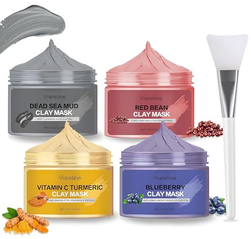 Masque Argile Visage, Lot de 4 Masque Argile, Vitamine C Curcuma, Boue Mer Morte, Myrtilles Haricots Rouges Masque Visage, Nettoyage en Profondeur, Raffinement des Pores