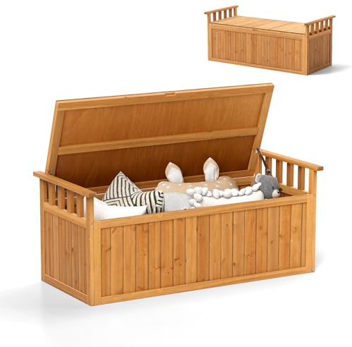 HOMASIS 209L Coffre de Rangement Extérieur Etanche XXL en Bois, Banc de Jardin avec Couvercle et Accoudoirs, Malle Rangement, Armoire de Jardin, Charge 100KG, 128x58x53cm