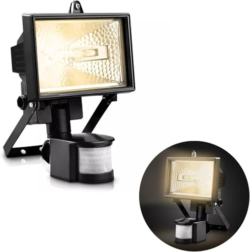 Motion PIR Sensor Halogen Floodlight Outdoor Security Light 150W IP44 Waterproof Wall Mounted Garden Driveway Lamp with 180° Detection Angle and Built-in Photocell Sensor