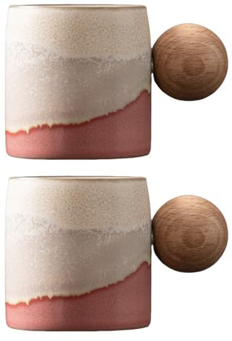 Dicmracy Juego de 2 o 4 tazas de café expreso de cerámica de 2.5 onzas, tazas de espresso con mango de madera, tazas Demitasse para café o té (Kiln se vuelve rosa2, redondas)