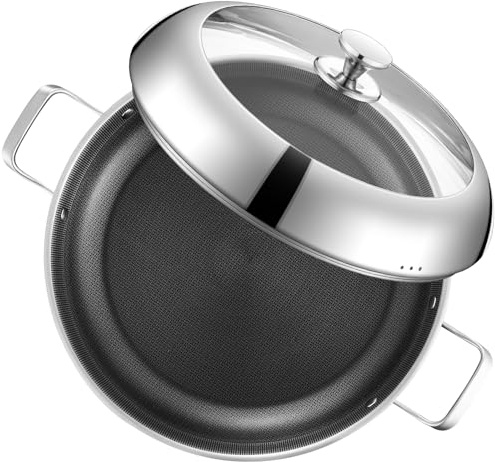 Yeksum Paella Pan with Lid - 14.5 Honeycomb Tri-Ply 18/10 Nonstick Paella Pan, 12-Serving Deep Design, Oven/Dishwasher Safe 550°F, Universal Stainless Steel Skillet