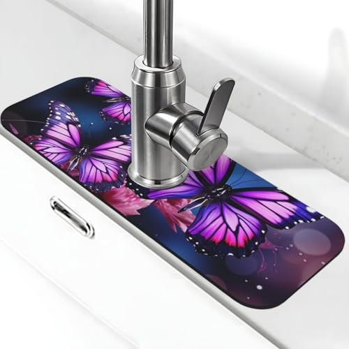 Lila Schmetterlinge Wasserhahn Matte für Küchenspüle, Anti-Rutsch-Wasserhahn-Pad, Spritzfänger, Kieselgur, schnell trocknender Stein, Wasserhahn-Griff, Tropfenfänger-Tablett, Matte für Badezimmer
