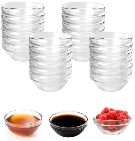 YKUKIZEE 20 Pcs Mini Glass Ramekins Bowl, 70 ml Mini Glass Dip Bowl 7.5 cm | Clear, Small Prep Bowls for Soy Sauce Jam Chutney Sugar Condiment Spicy Serving