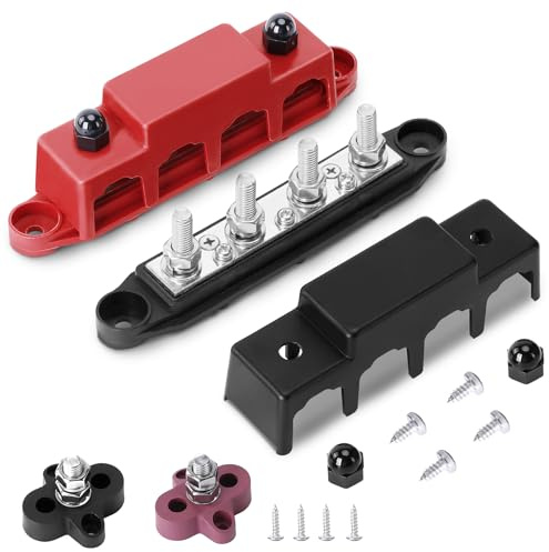 BOSYTRO 2 Stück 12V-48V DC Sammelschienen Verteilerblock 250A BusBar Box mit 5/16 (M8) 4-Posts Klemmenblock mit Abdeckung, Sammelschiene 12V mit 2x Anschlussbolzen M8 für Auto RV Boat (Rot Schwarz)