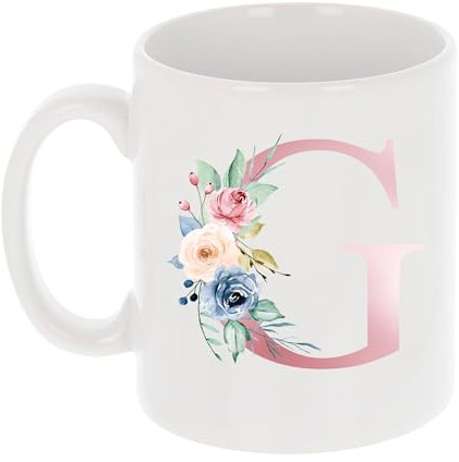 Tazza da caffè personalizzata con iniziale floreale, con monogramma e lettera G in oro rosa, regalo per lei, migliore amica, mamma, moglie, compleanno, matrimonio, festa della mamma