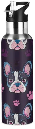 Mexpekil Borraccia termica in acciaio inox con stampa di bulldog francese, 600 ml, con cannuccia, a prova di perdite, per bambini e adulti