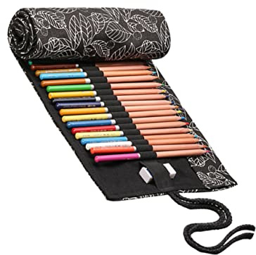 BATHVEVE Leinwand Bleistiftrolle mit 48 Fächern Großer Stauraum Tragbar und Leicht zu Tragen für Malen und Reisen Schwarzes Canvas mit Elegantem Muster