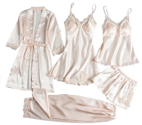 Conjunto de Pijamas para Mujer de Seda satén con Encaje 4 Piezas Bata camisón y Cortos Suave fluida Elegante y Sedosa