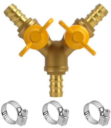 2-Wege Kugelhahn Y-Verteiler aus Messing anschluss, 10mm Anschluss für Schlauch-Innendurchmesser von 10-11 mm, Robuster und Korrosionsbeständiger Messinganschluss für Garten und Industrie