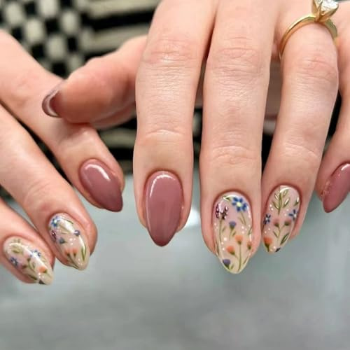 24PCS Beautiful Flower Almond False Nails Short Oval,Short Almond Acrylic Nails Full Cover Stick on Nails,Fresh and Lovely Multicolored Flower Design Press on Nail for Women Girls Manicure Decoration