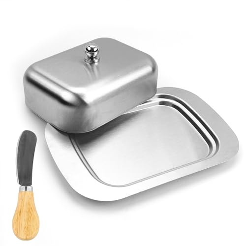 Mantequera con tapa, Fiambrera de Queso, Mantecera de Acero Inoxidable, Soporte para Mantequilla, Plato Hermético, Mantequera con Tapa para Encimera, Bandeja, y Asa Recipiente