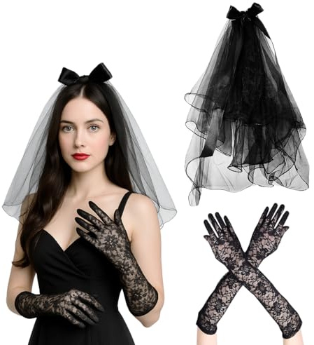 KOQAIIZ Guanti Lunghi in Pizzo, Guanti da Lavoro da Sposa in Pizzo Vintage, con 1 Velo da Sposa Nero, per Feste in Costume,per Halloween, Carnevale, Ballo trucco, Festa