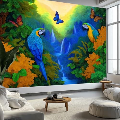 Carta da parati da parete con fiori della giungla, uccelli, farfalle, fantasia, in tessuto non tessuto, decorazione da parete, 200 x 140 cm (larghezza x altezza)