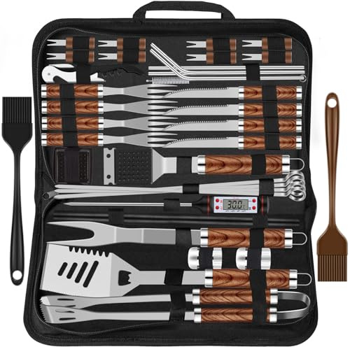 Set di 38 posate per barbecue, in acciaio inox, accessori per barbecue per uomini, regalo di compleanno, set di utensili per barbecue di alta qualità, valigetta per barbecue，marrone
