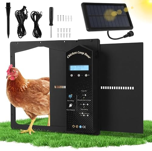 Fiqops Automatische Hühnerklappe Solar, Hühnerklappe Automatisch mit LCD Display, Lichtsensor,Timer, Fernbedienung, Elektrische Hühnerstalltür Hühnertür, Intelligenter Einklemmschutz