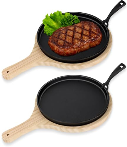 2 Sets Cast Iron Fajita Pan Set, with Wooden Base Anti Scald Protection | Round Nonstick Sizzling Pan, 25 x 38cm, Heat Resistant and Even Distribution, for Frying, Baking, Grilling