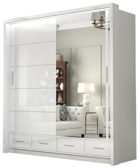DELUXEWARE Modern 2 & 3 High Gloss Sliding Door Wardrobe with Mirror & Led Light – MDF Bedroom Wardrobe with Drawers, Hanging Rail, & Shelves for Bedroom Furniture (White, 208cm)