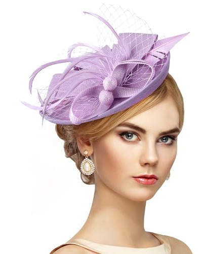 Fascinator Damen Kopfbinde Haarreif Fasching Karneval Tea Party Hutte für Frauen Leichter Federn und Polyester Helllila